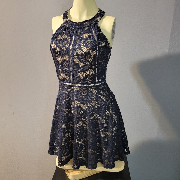 Midnight Doll Blue & Tan Lace Dress - Picture 3 of 6